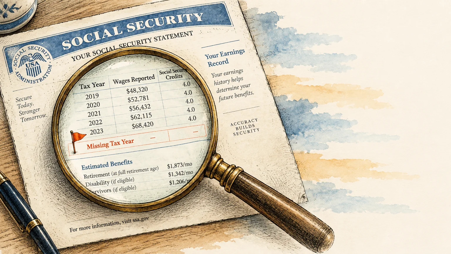 Magnifying glass over a Social Security statement highlighting a missing tax year row alongside reported earnings.