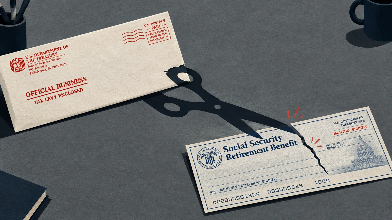 An IRS tax levy envelope casts a scissor-shaped shadow that cuts a Social Security retirement benefit check in half.