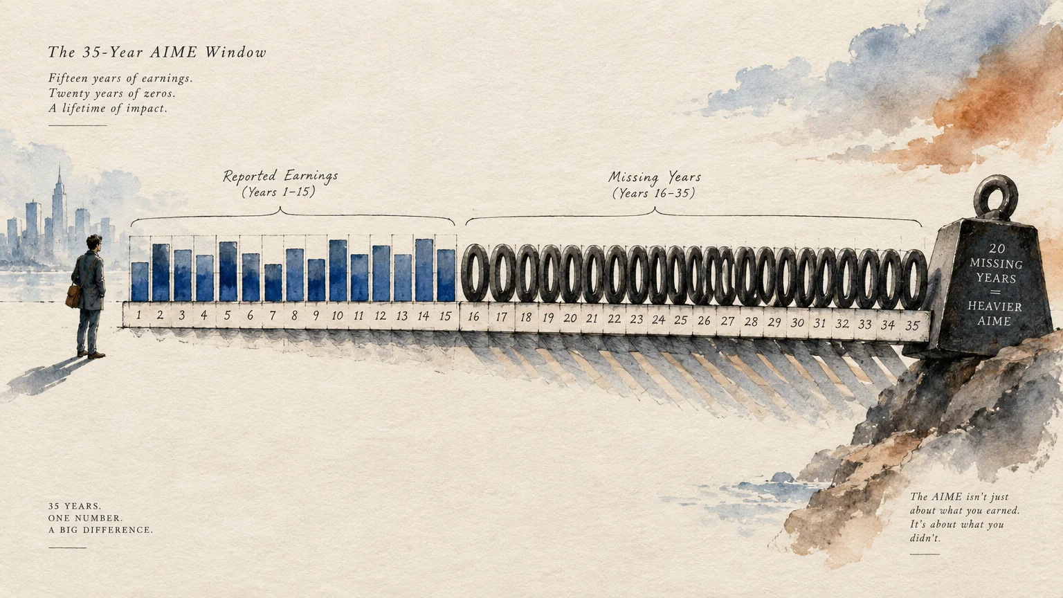 Watercolor diagram of a 35-year bridge with 15 bar charts of earnings and 20 heavy zero weights anchored to a cliff.