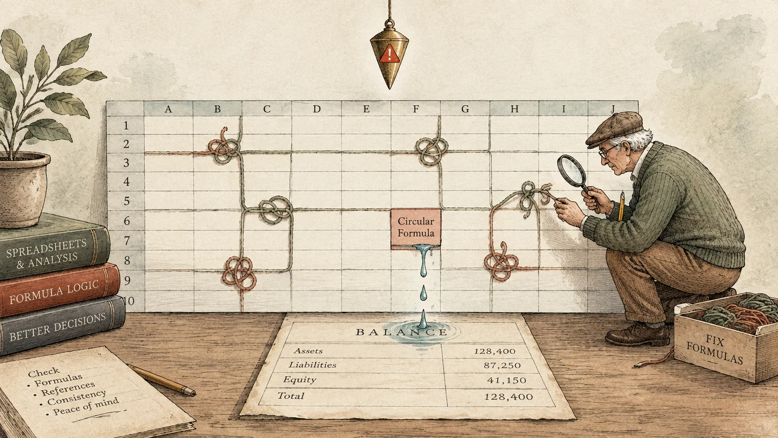 An older man uses a magnifying glass to inspect knotted ropes laid across a giant spreadsheet grid.
