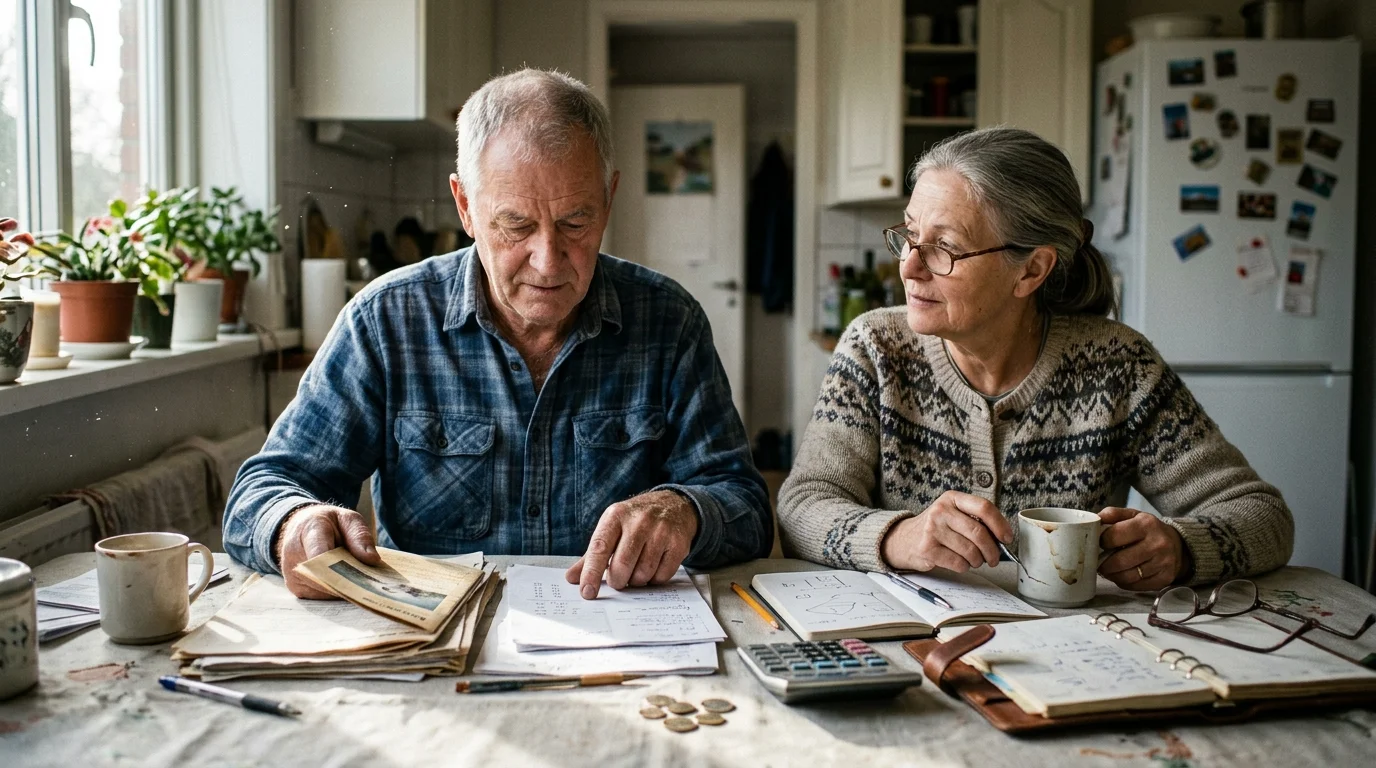 An older man and woman sit at a kitchen table reviewing paperwork, notebooks, and a calculator.
