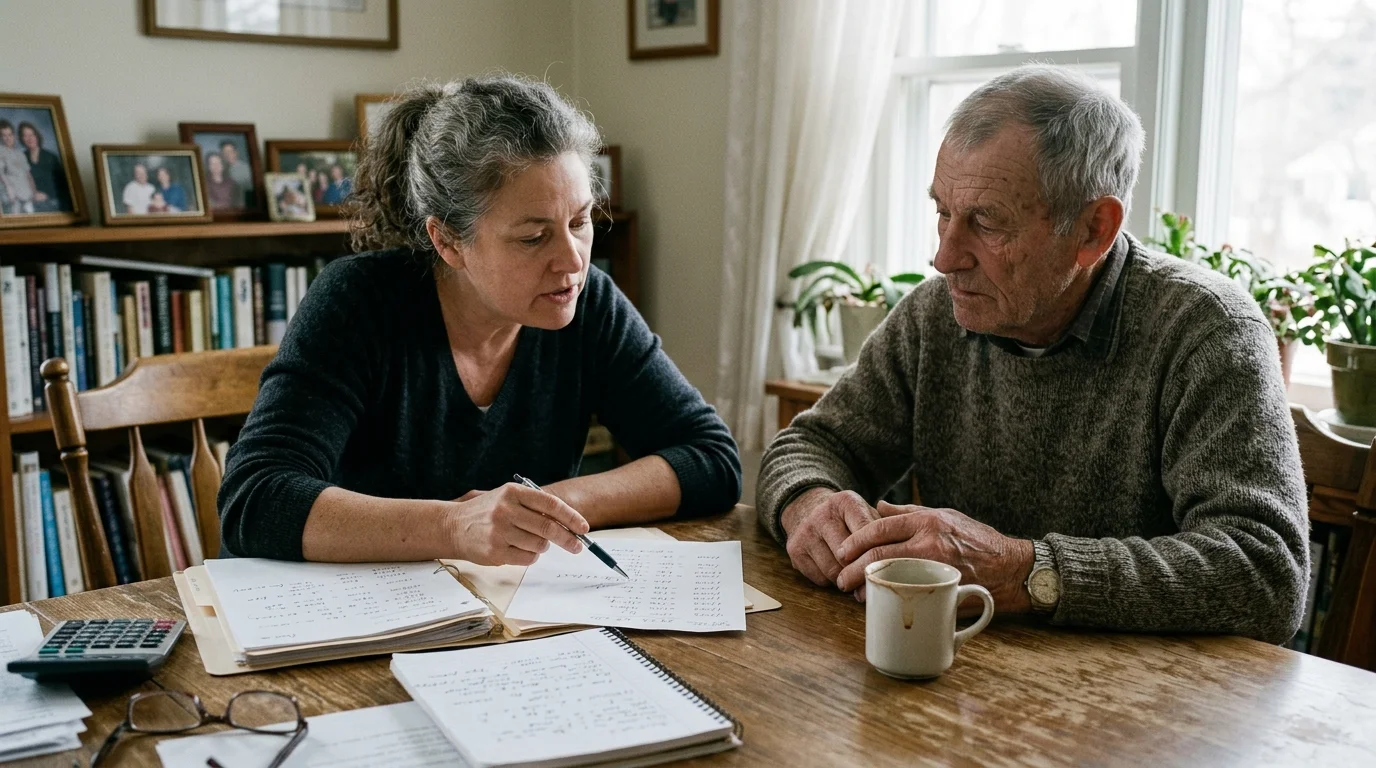 A woman and an older man sit at a wooden table reviewing financial paperwork, notes, and a calculator.