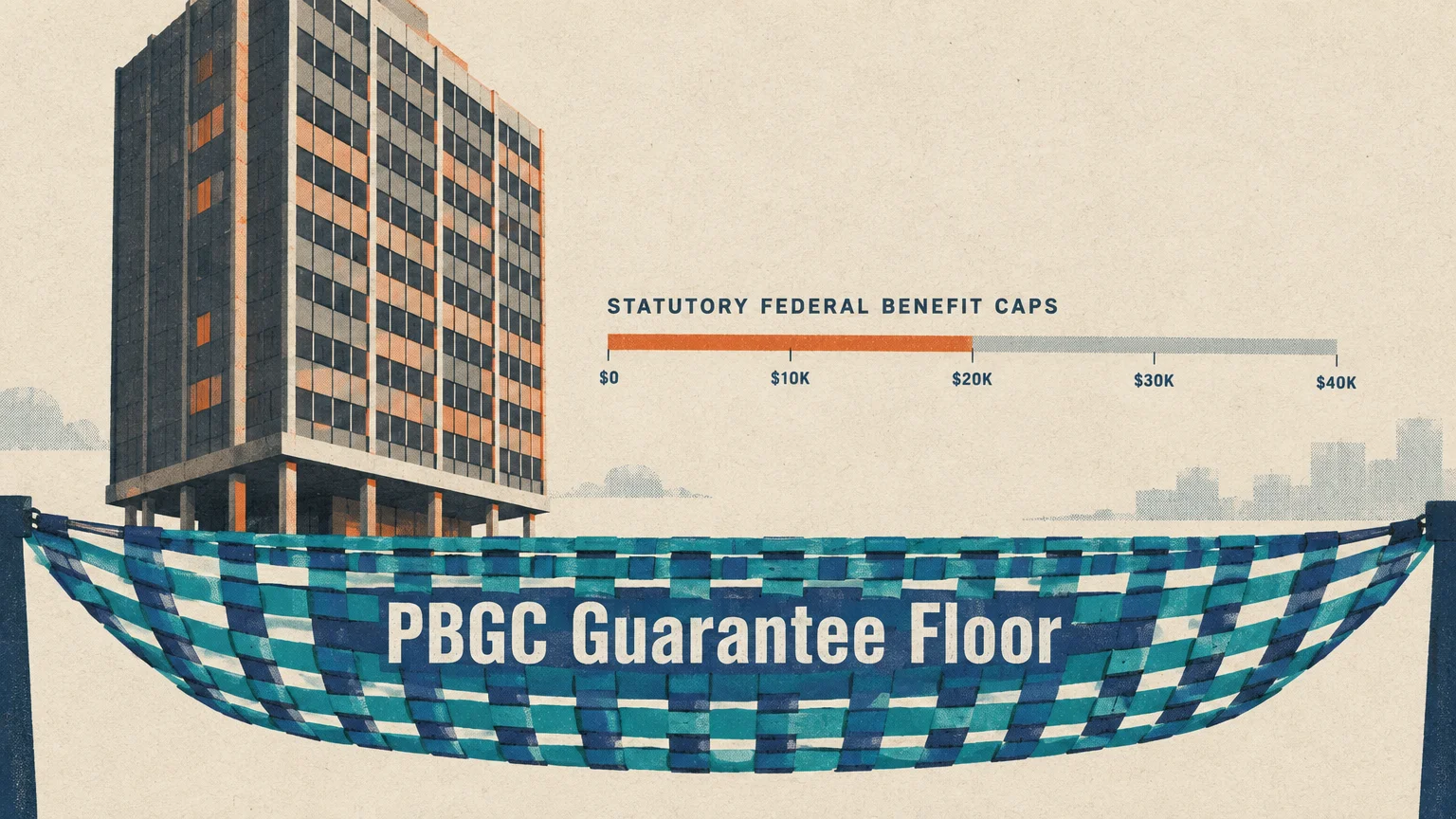 Illustration of an office building resting above a safety net labeled PBGC Guarantee Floor, with a benefit cap scale above.