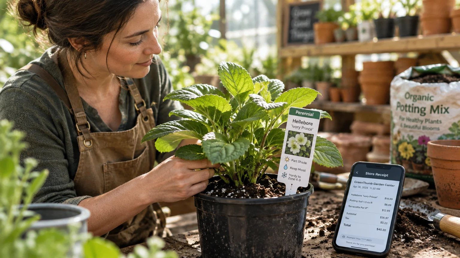 Woman in an apron tending a potted plant on a workbench next to a smartphone showing a digital receipt.