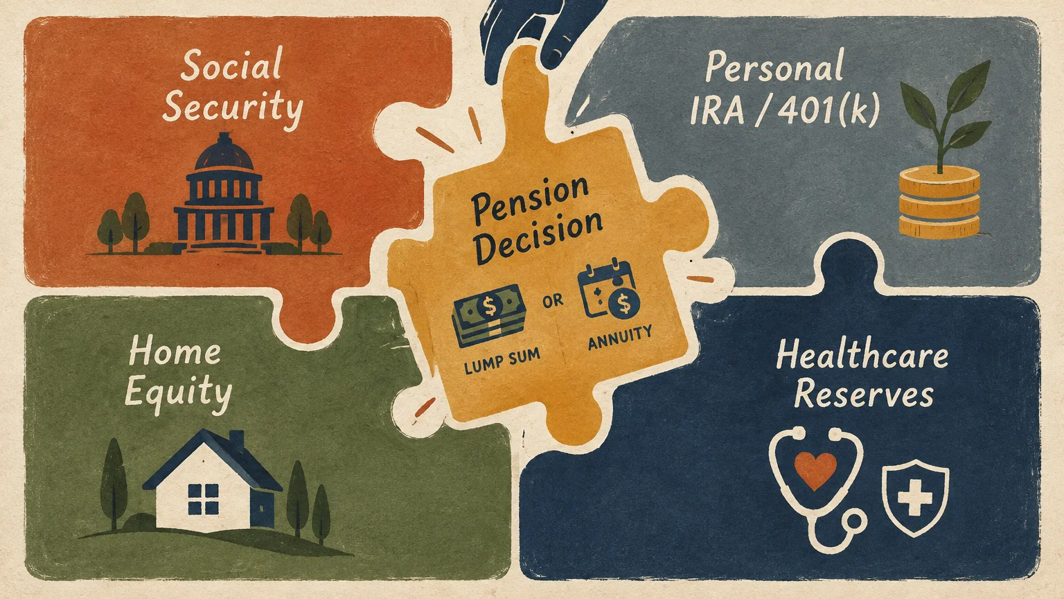 Hand placing a central pension decision puzzle piece among pieces for Social Security, 401(k), home equity, and healthcare.