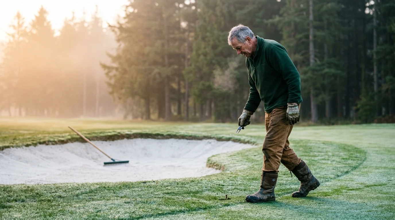 Older groundskeeper wearing boots walks on a dewy golf green beside a sand bunker holding a divot repair tool.