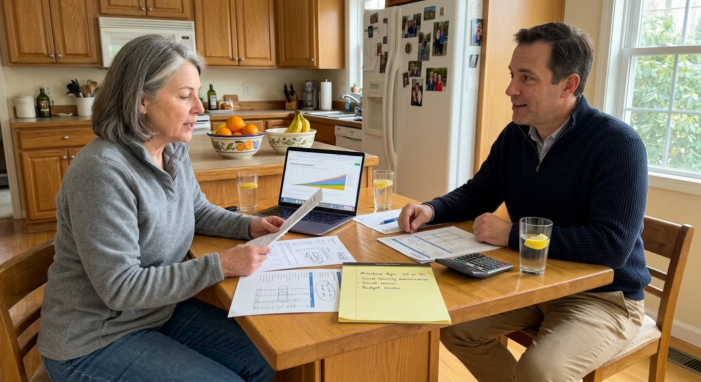 A woman and a financial advisor sit at a wooden table reviewing financial paperwork, a laptop, and notes.