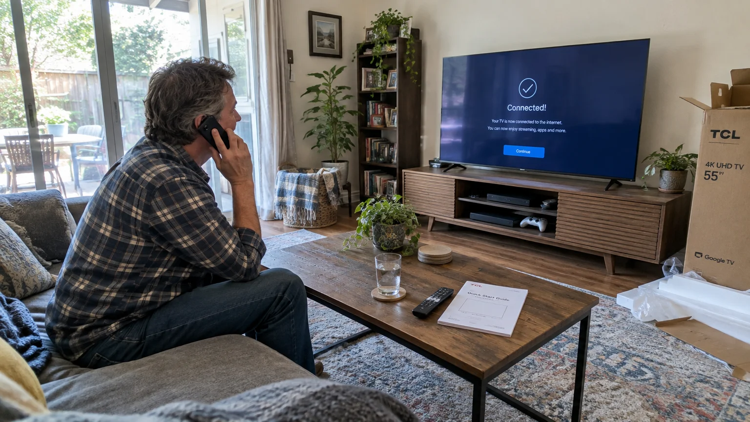 A man sits on a living room sofa talking on the phone in front of a newly connected television.