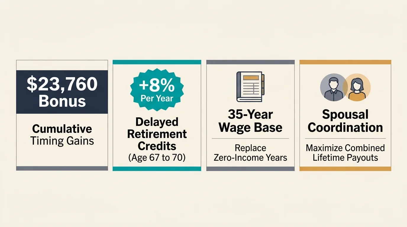 Four-panel infographic detailing Social Security bonus strategies including delayed retirement credits and wage base factors.
