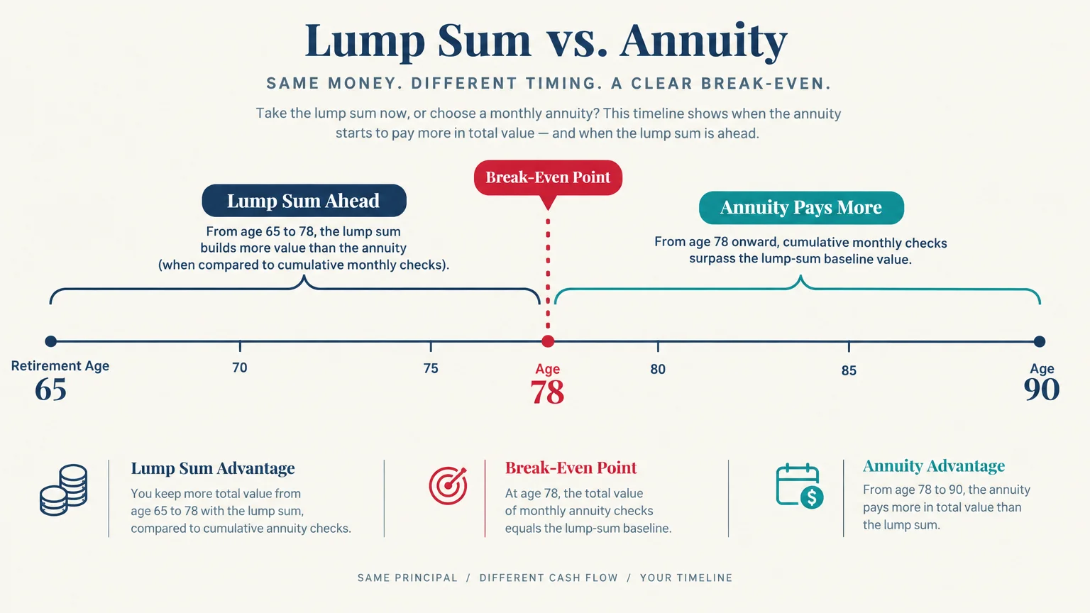 Timeline comparing lump sum and annuity value from retirement age 65 to 90, marking a break-even point at age 78.
