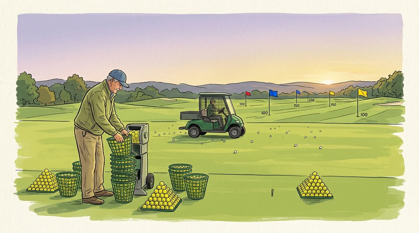 Illustration of a golf range attendant stacking ball baskets beside a dispenser with a utility vehicle in the background.