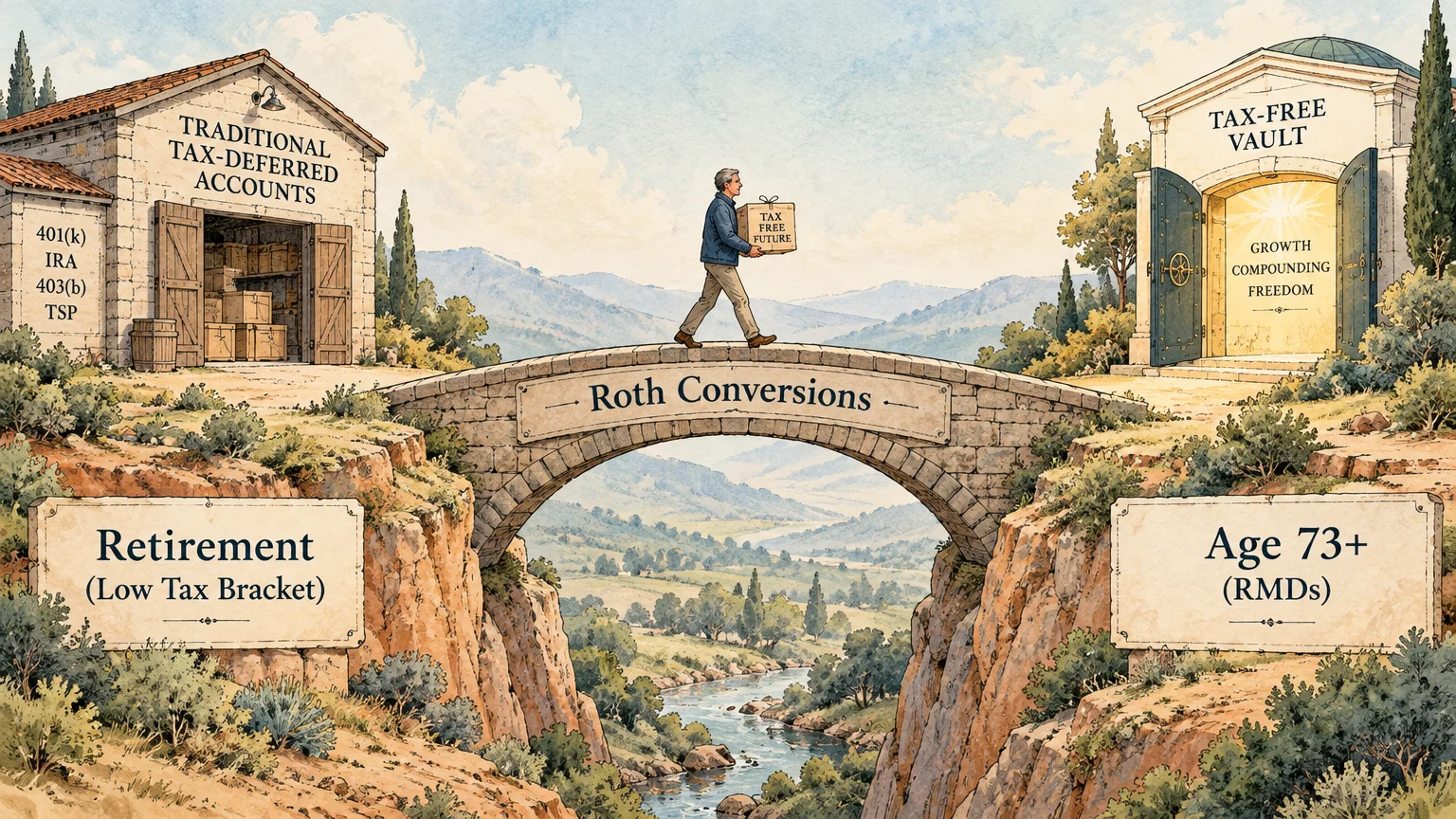 Illustration of a man crossing a stone bridge labeled Roth Conversions between retirement and a tax-free vault.