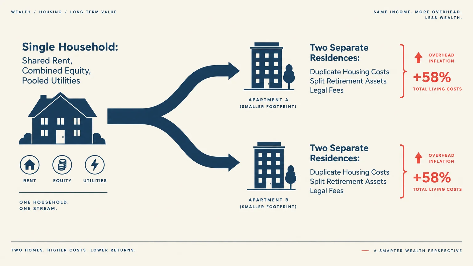Infographic showing a single home splitting into two separate apartments, leading to a 58 percent increase in living costs.