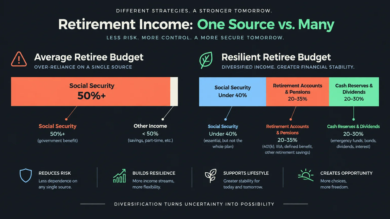 Diagram comparing an average retiree budget relying heavily on Social Security with a resilient budget split into multiple sources.