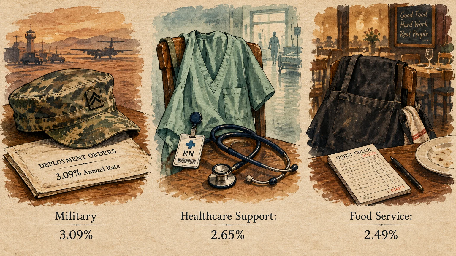 Triptych illustration depicting gear and divorce rates for military, healthcare support, and food service occupations.