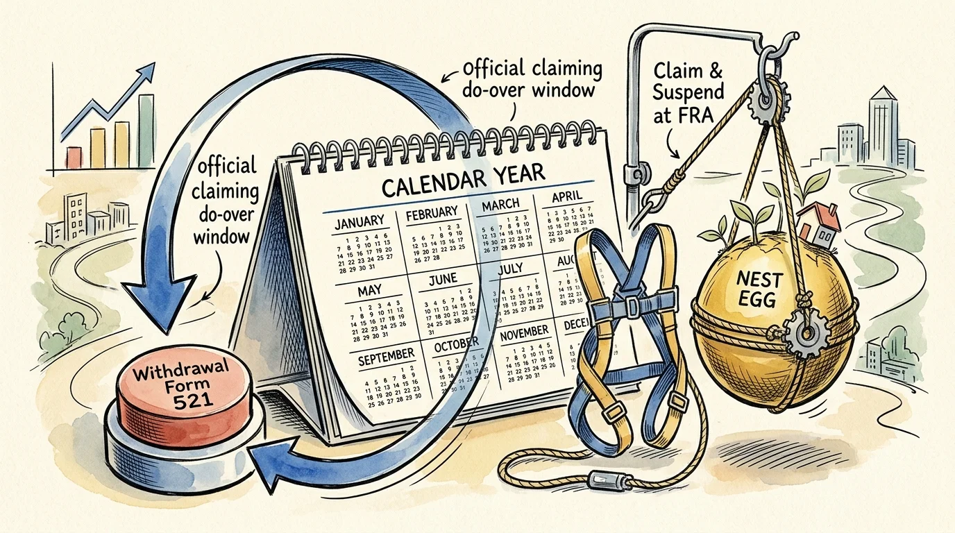 Illustration of a desk calendar, a Form 521 button, a safety harness, and a suspended golden nest egg.
