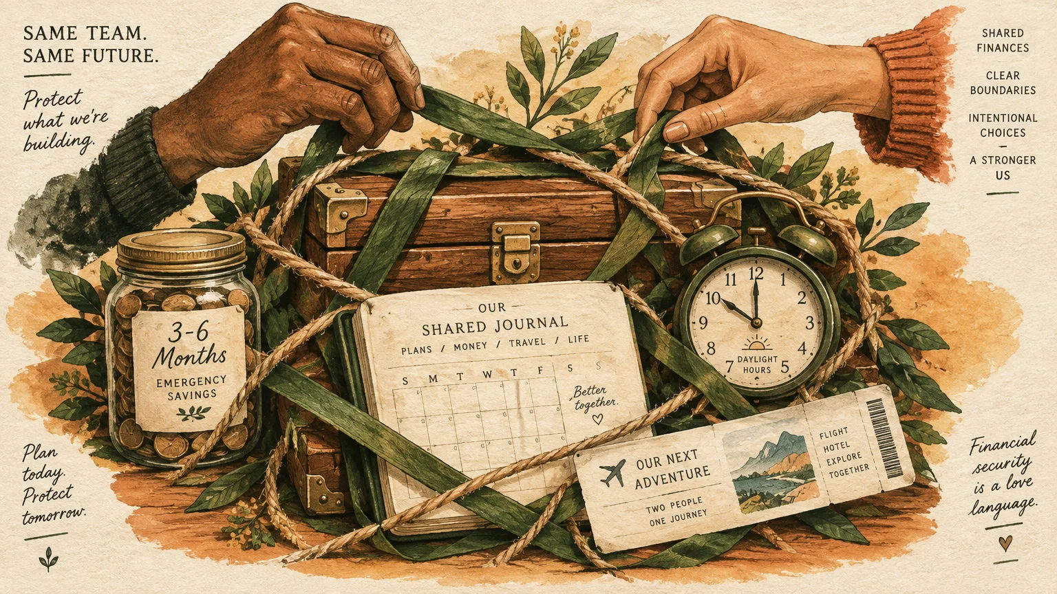 Two hands wrap rope and greenery around a wooden chest, savings jar, open calendar, alarm clock, and travel ticket.