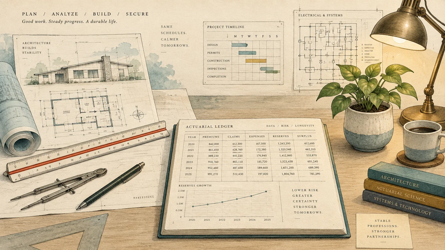 Illustration of an organized desk with architectural blueprints, an actuarial ledger, drafting tools, books, and a lamp.