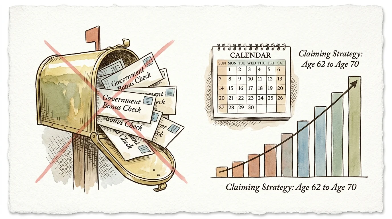 Illustration of a crossed-out mailbox full of bonus checks next to a calendar and a rising bar graph.