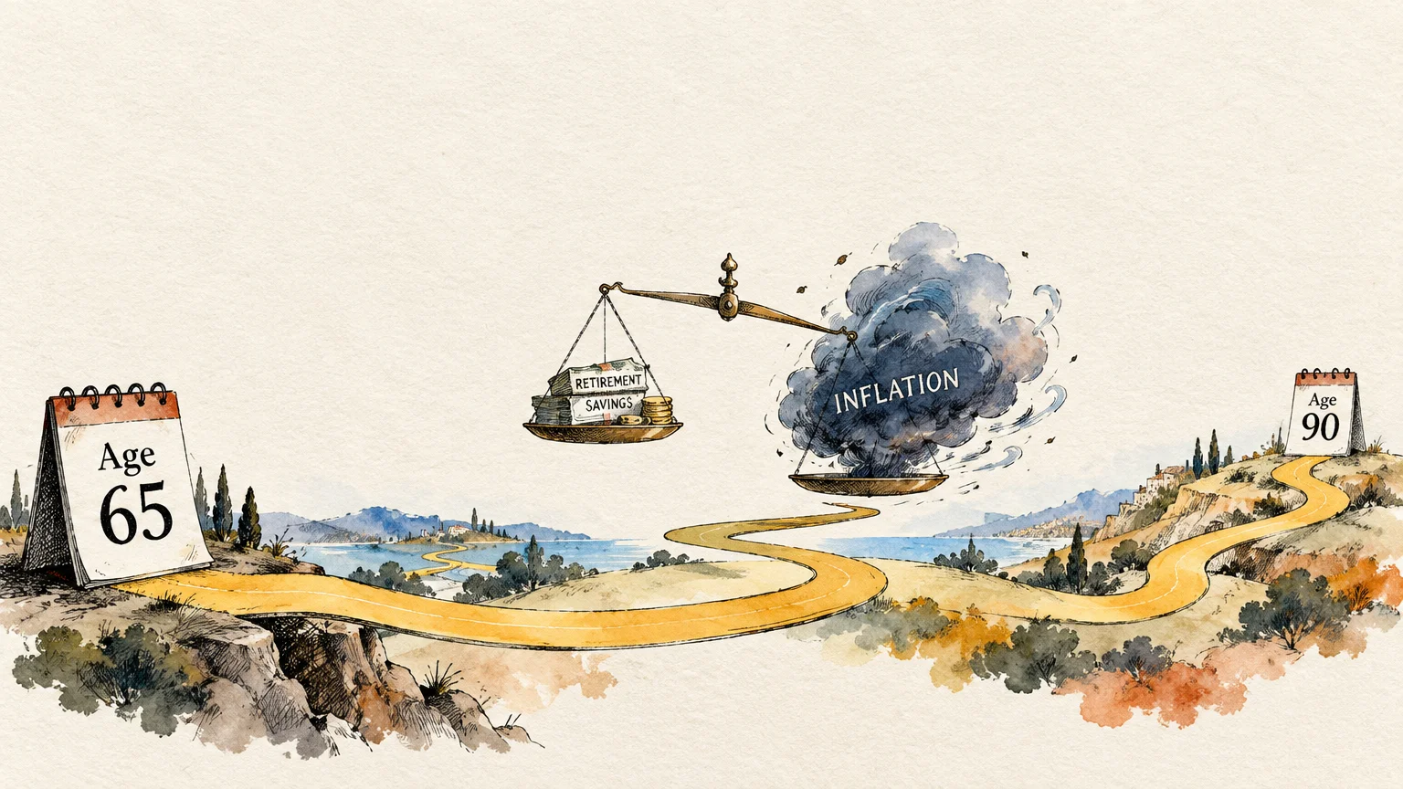 Illustration of a road between calendar dates Age 65 and Age 90 under scales weighing retirement savings against inflation.