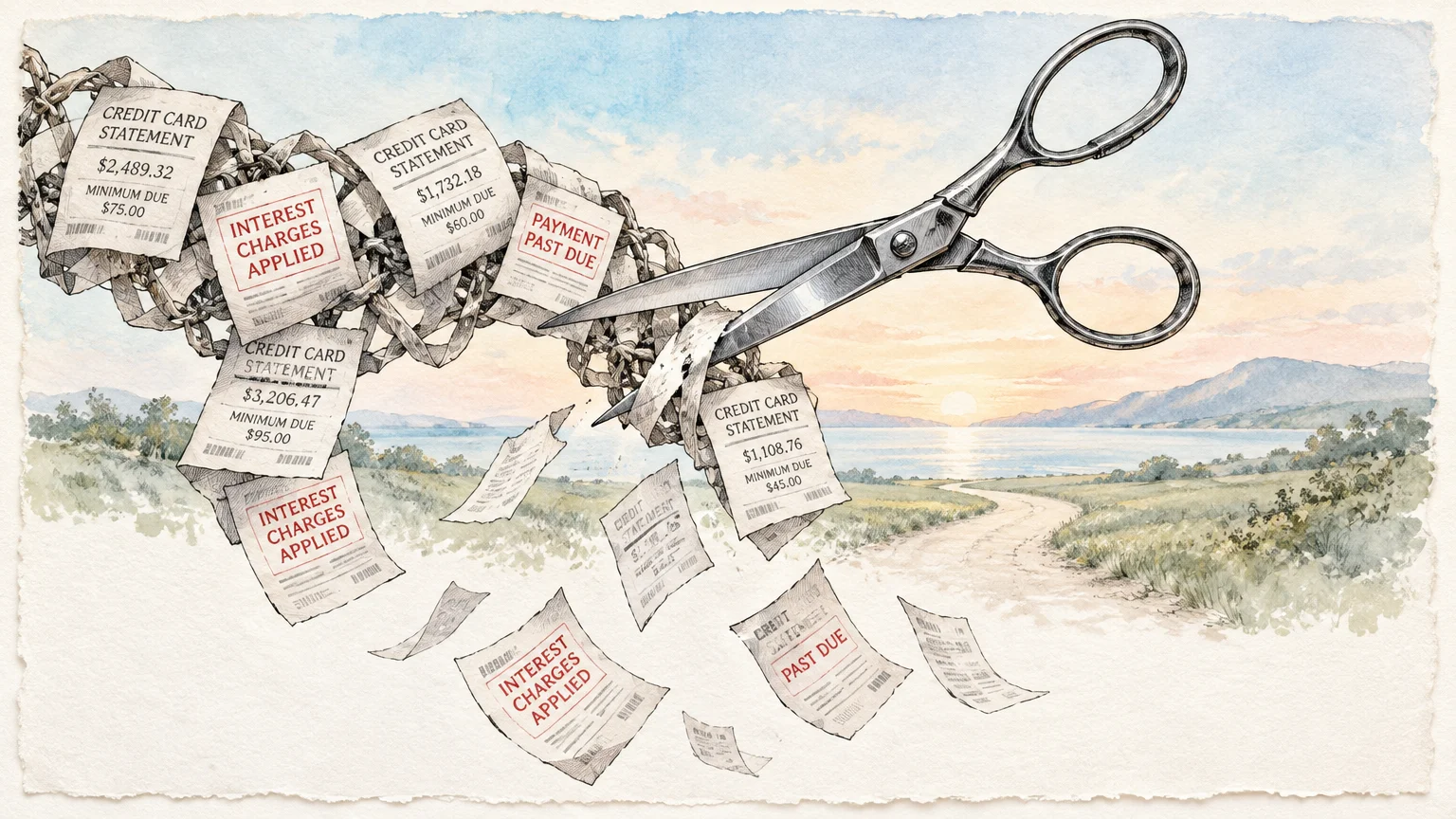 A large pair of scissors cuts a chain made of credit card statements and past-due bills overlooking a scenic landscape.