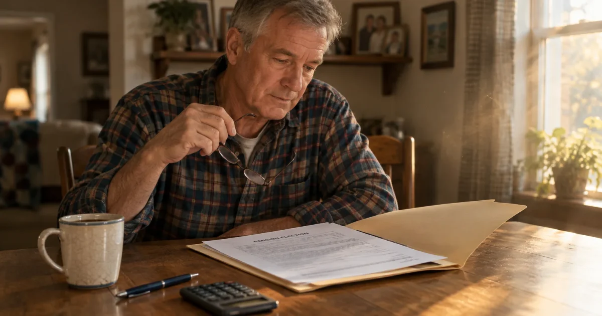An older man seated at a wooden table looking down at a pension election form with a calculator and coffee mug.