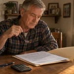 An older man seated at a wooden table looking down at a pension election form with a calculator and coffee mug.