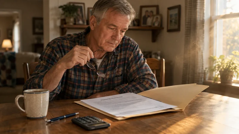 An older man seated at a wooden table looking down at a pension election form with a calculator and coffee mug.