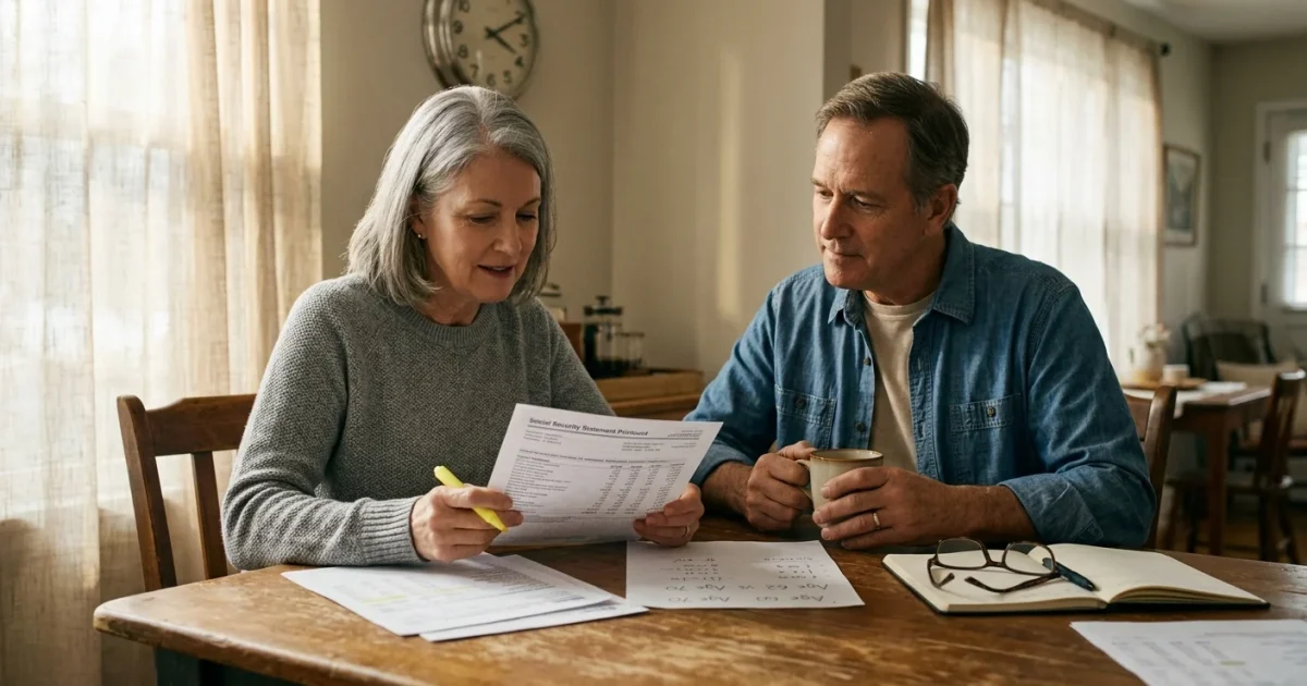 A mature couple sits at a wooden table reviewing printed financial statements and handwritten notes with a highlighter.