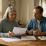 A mature couple sits at a wooden table reviewing printed financial statements and handwritten notes with a highlighter.