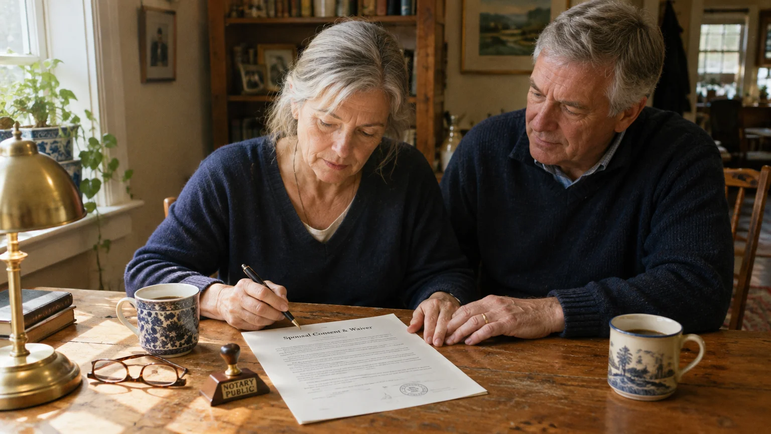 A mature woman signs a spousal consent waiver document while a man watches beside a notary stamp at a wooden table.