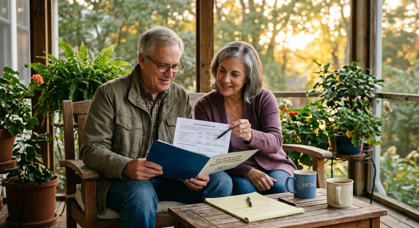 A senior couple sits on a wooden bench on a porch, reviewing Social Security paperwork together.