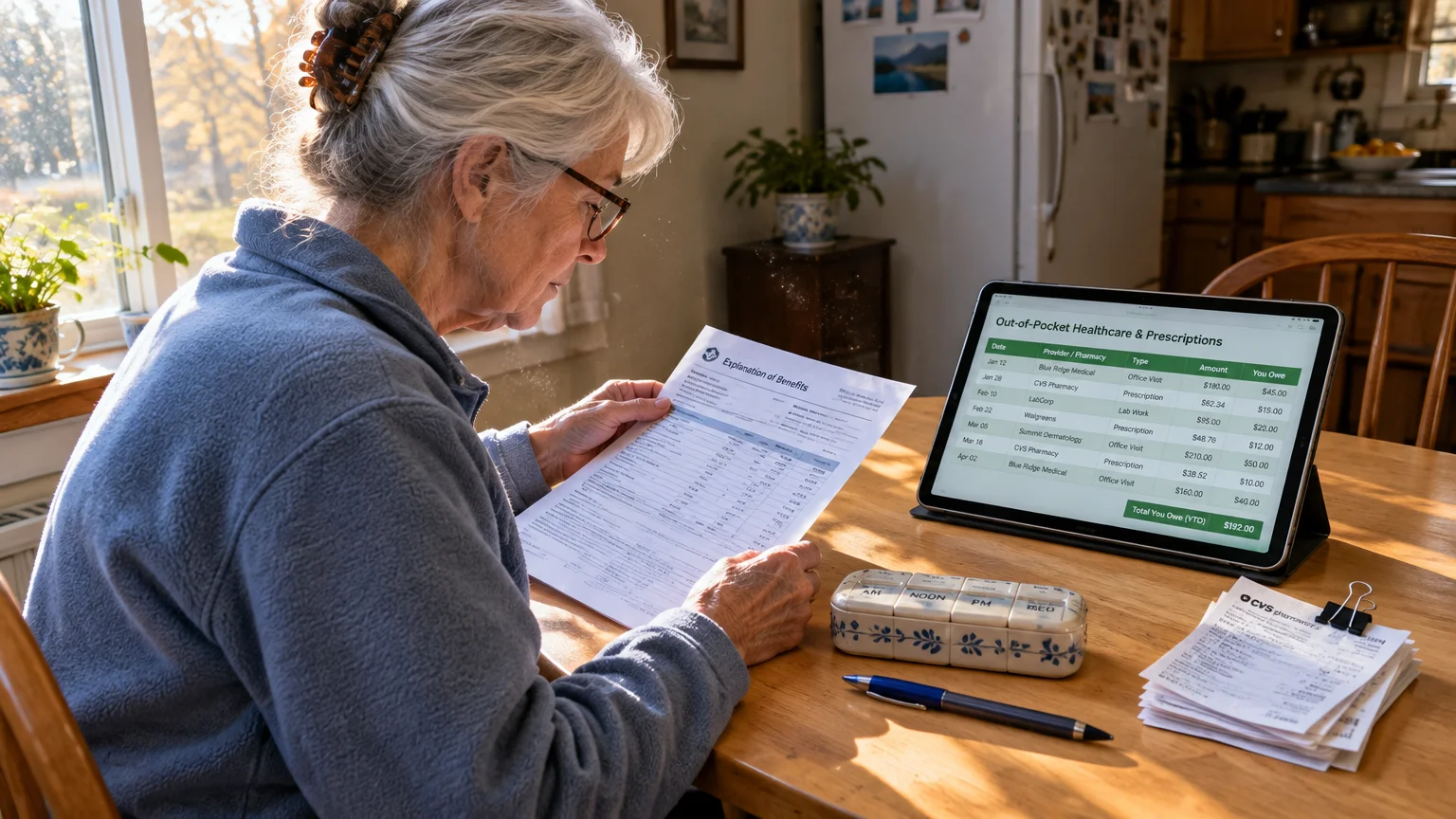 Senior woman holding an Explanation of Benefits paper next to a tablet showing an out-of-pocket medical expense spreadsheet.