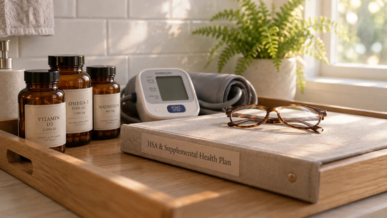 A wooden tray holding supplement bottles, a blood pressure monitor, eyeglasses, and a health plan binder.