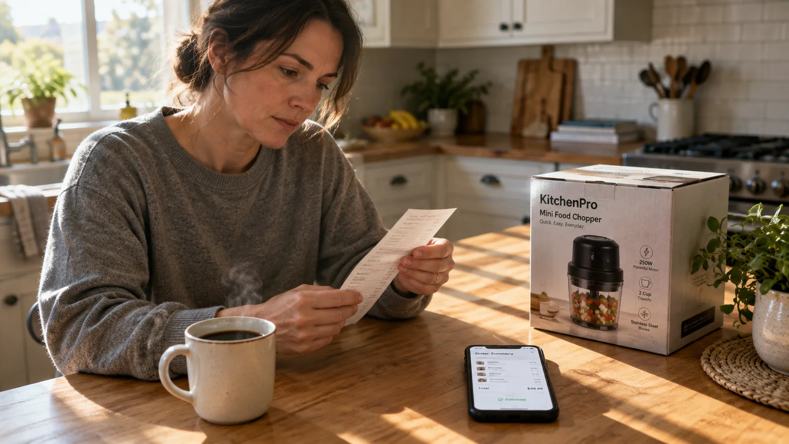 A woman sitting at a kitchen table reviews a paper receipt beside a boxed food chopper, mug of coffee, and smartphone.