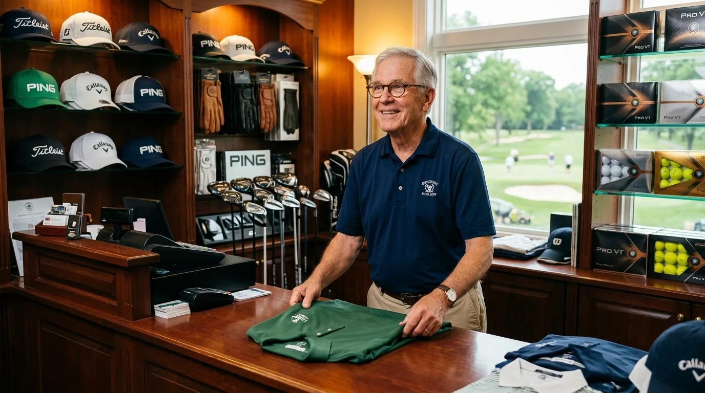 A smiling senior man stands behind a wooden golf pro shop counter folding a green shirt near shelves of hats and gear.