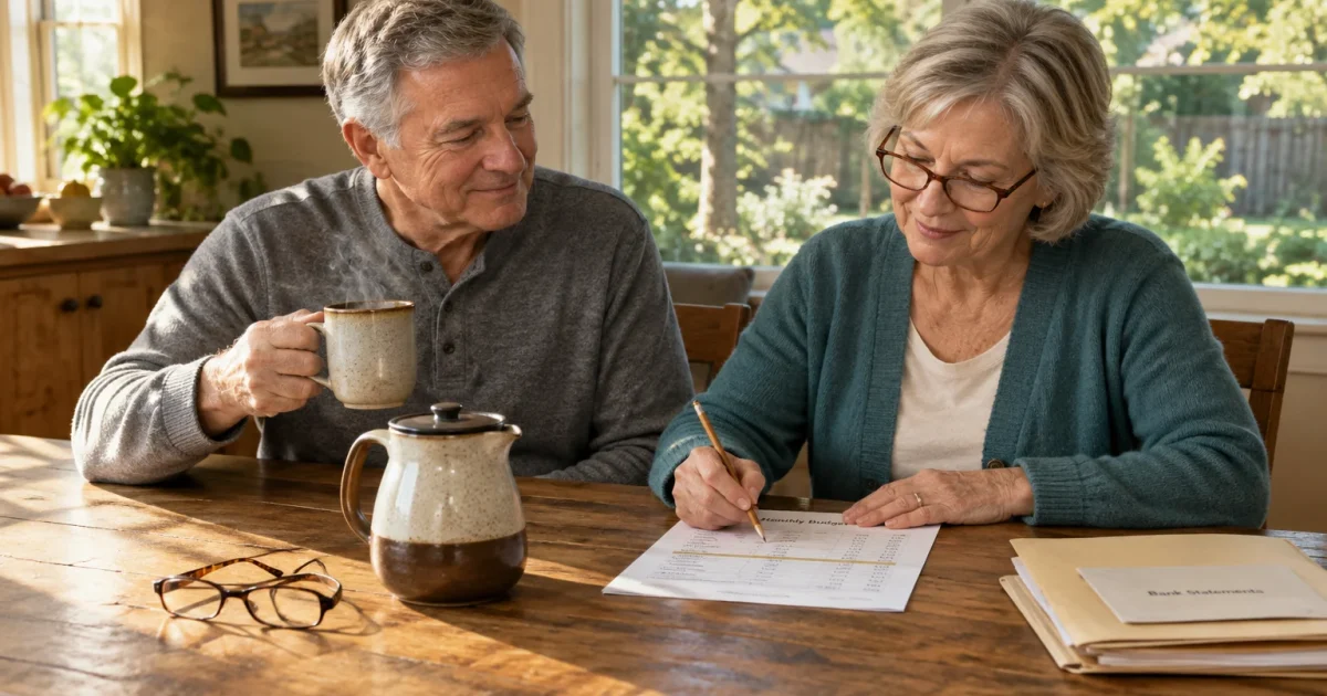 Senior couple seated at a wooden table reviewing financial paperwork and a monthly budget sheet together.