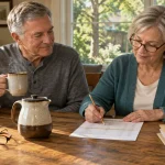 Senior couple seated at a wooden table reviewing financial paperwork and a monthly budget sheet together.
