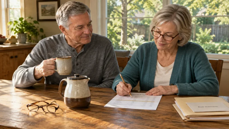 Senior couple seated at a wooden table reviewing financial paperwork and a monthly budget sheet together.