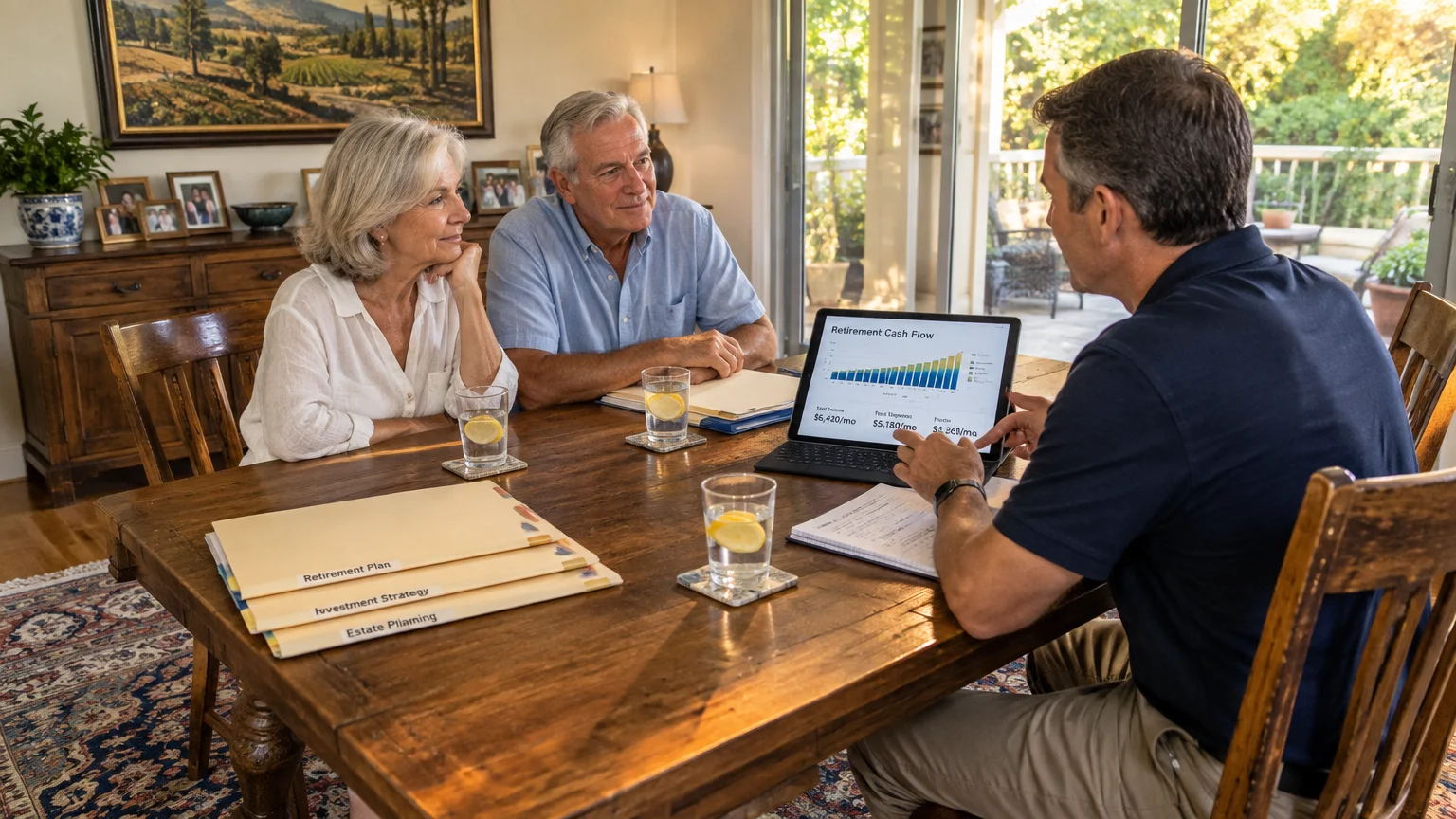 A financial advisor sits at a wooden dining table presenting retirement cash flow charts on a laptop to a senior couple.