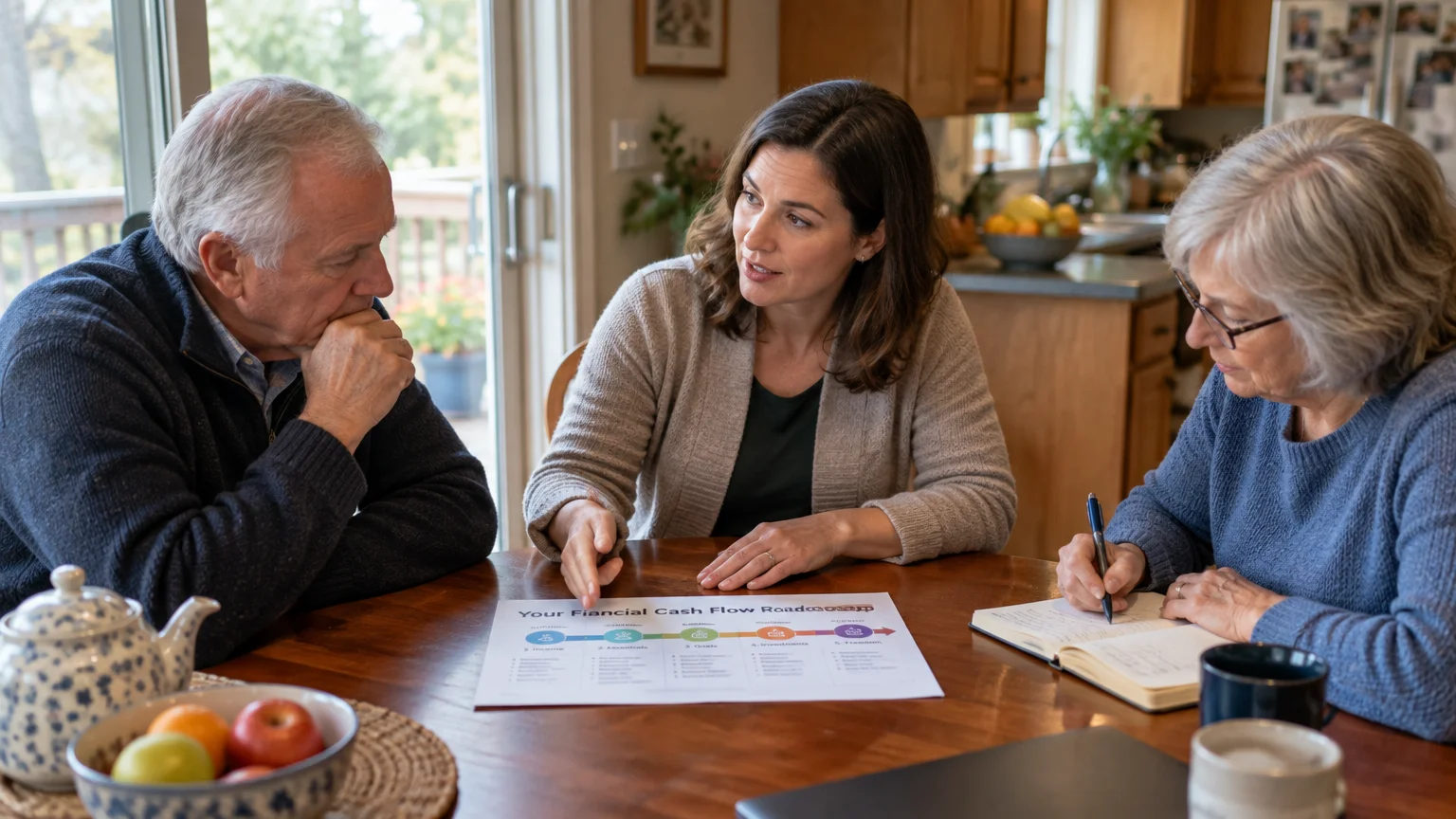 A female advisor discusses a cash flow roadmap document with an older couple seated at a wooden kitchen table.