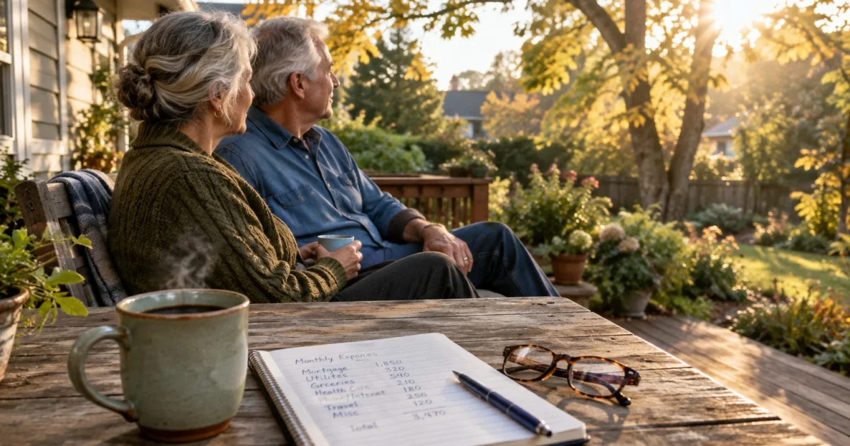An older couple sits on a sunny patio bench beside a wooden table holding a budget notebook, glasses, and coffee mug.