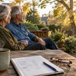 An older couple sits on a sunny patio bench beside a wooden table holding a budget notebook, glasses, and coffee mug.