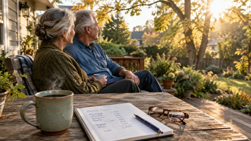An older couple sits on a sunny patio bench beside a wooden table holding a budget notebook, glasses, and coffee mug.