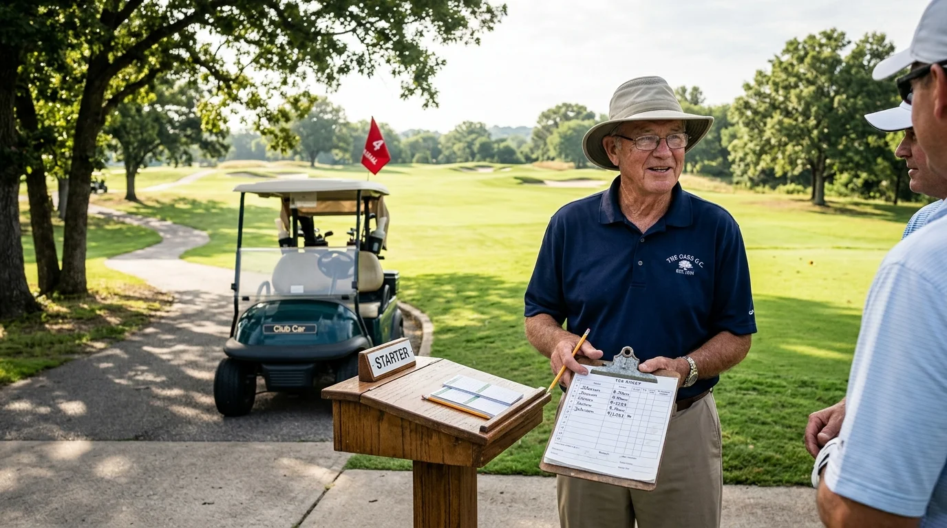 Golf course starter in a sun hat holding a clipboard at a wooden stand next to a golf cart, talking with players.