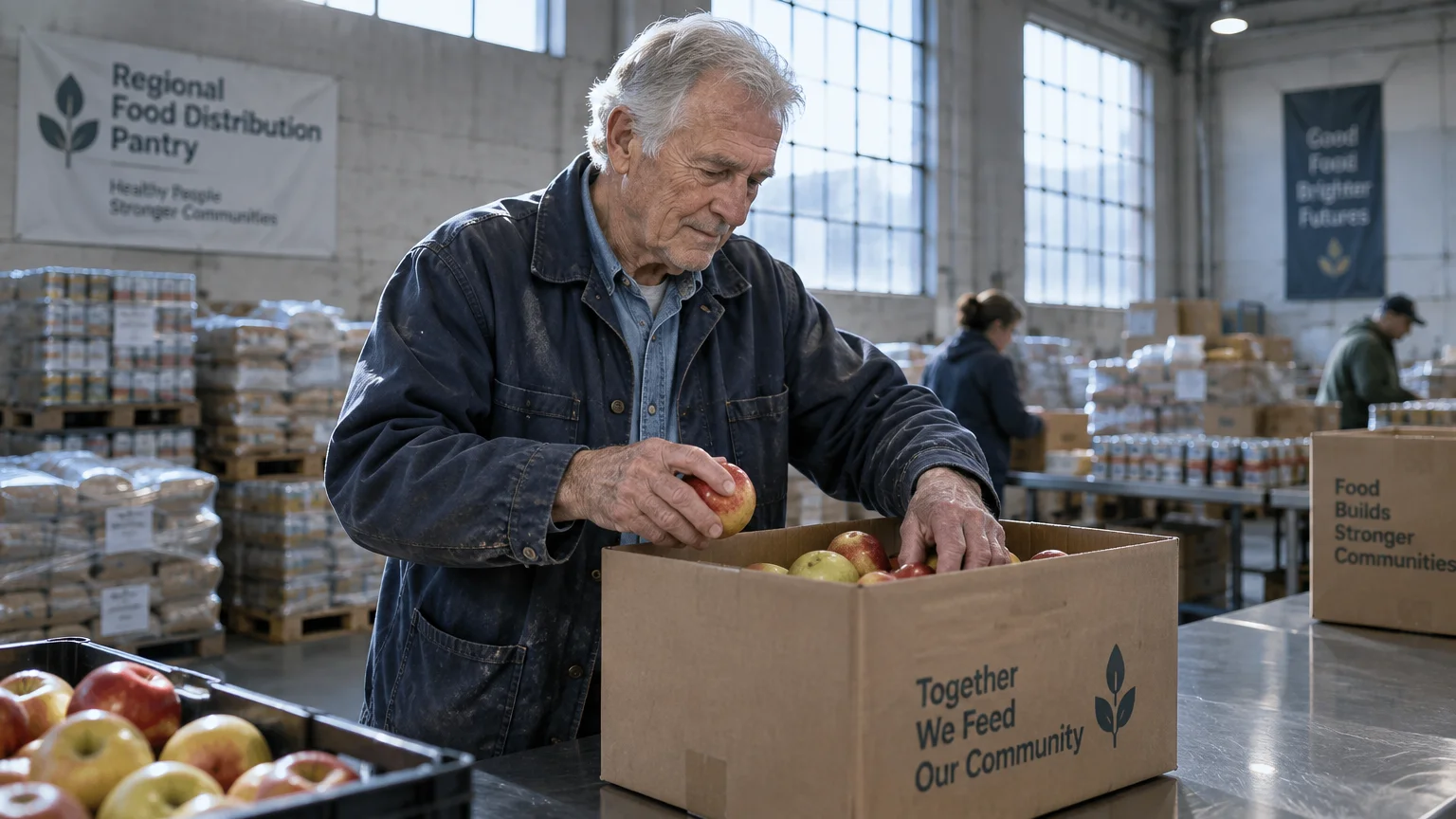 An older man packing fresh apples into a cardboard box inside a food distribution pantry warehouse.