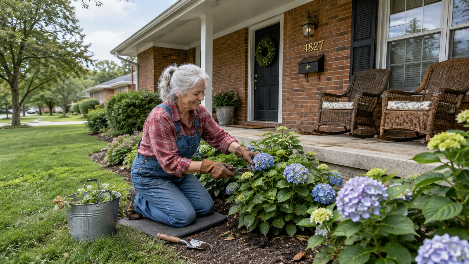 A smiling older woman in overalls kneels on the lawn outside a brick home while trimming purple hydrangea bushes.