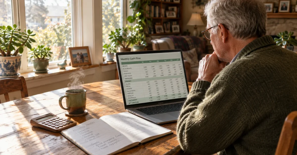 Older man with glasses reviewing a monthly cash flow spreadsheet on a laptop at a sunny wooden table with coffee.