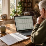 Older man with glasses reviewing a monthly cash flow spreadsheet on a laptop at a sunny wooden table with coffee.