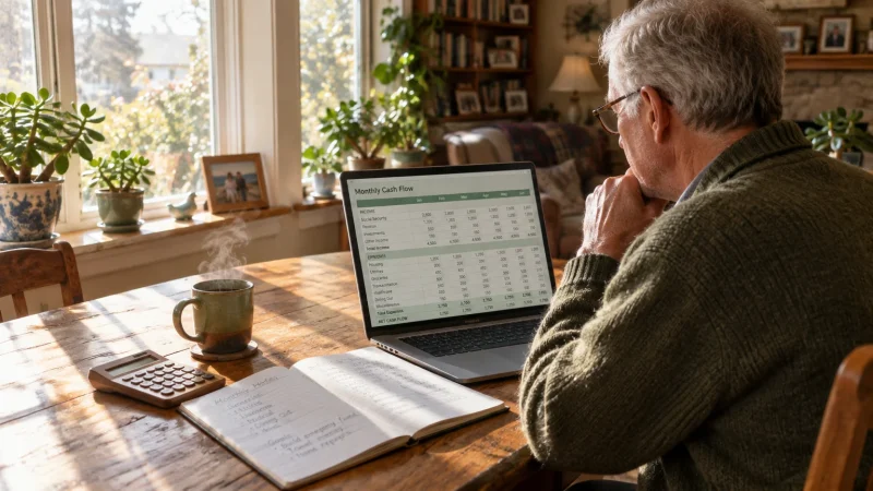 Older man with glasses reviewing a monthly cash flow spreadsheet on a laptop at a sunny wooden table with coffee.